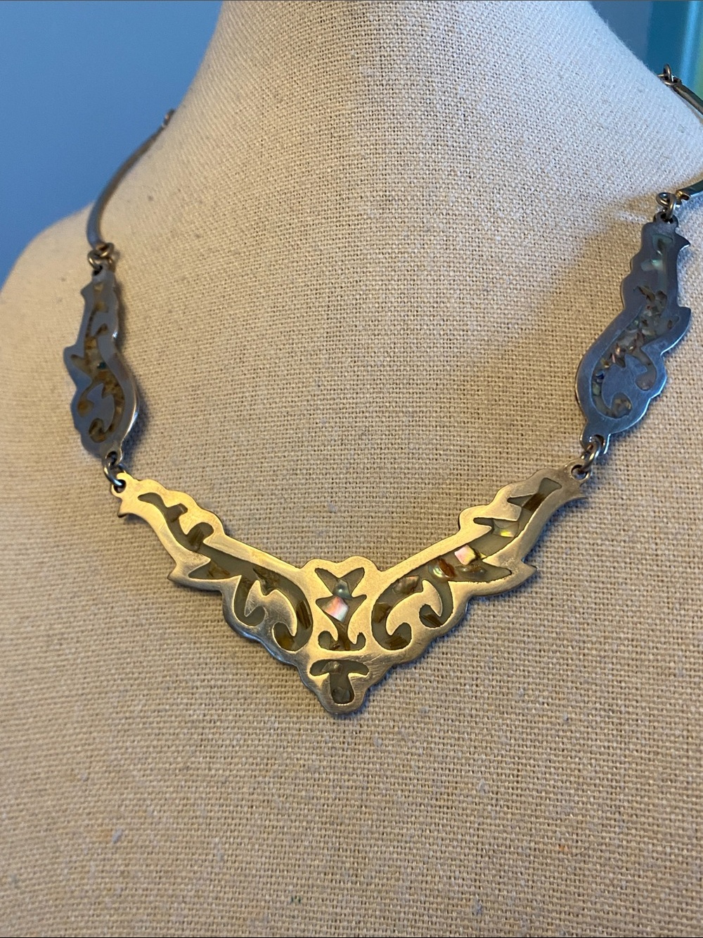 Vintage Mexico Alpaca Silver Abalone Shell Inlay Necklace 18”